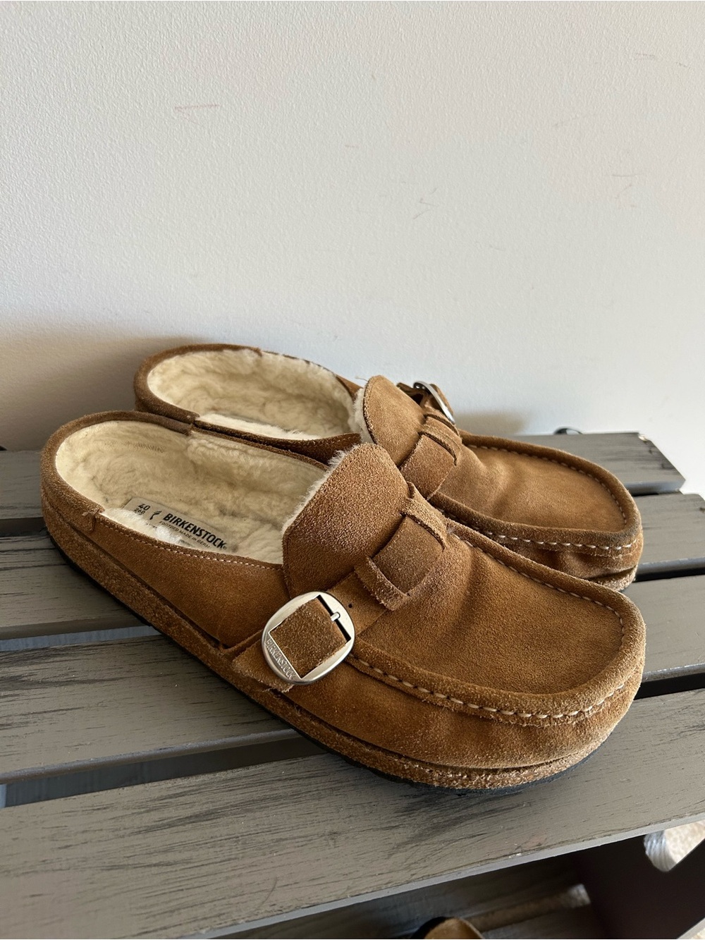 Birkenstock Buckley Shearling Clogs In A Brown Suede Leather Finish W-9 M-7